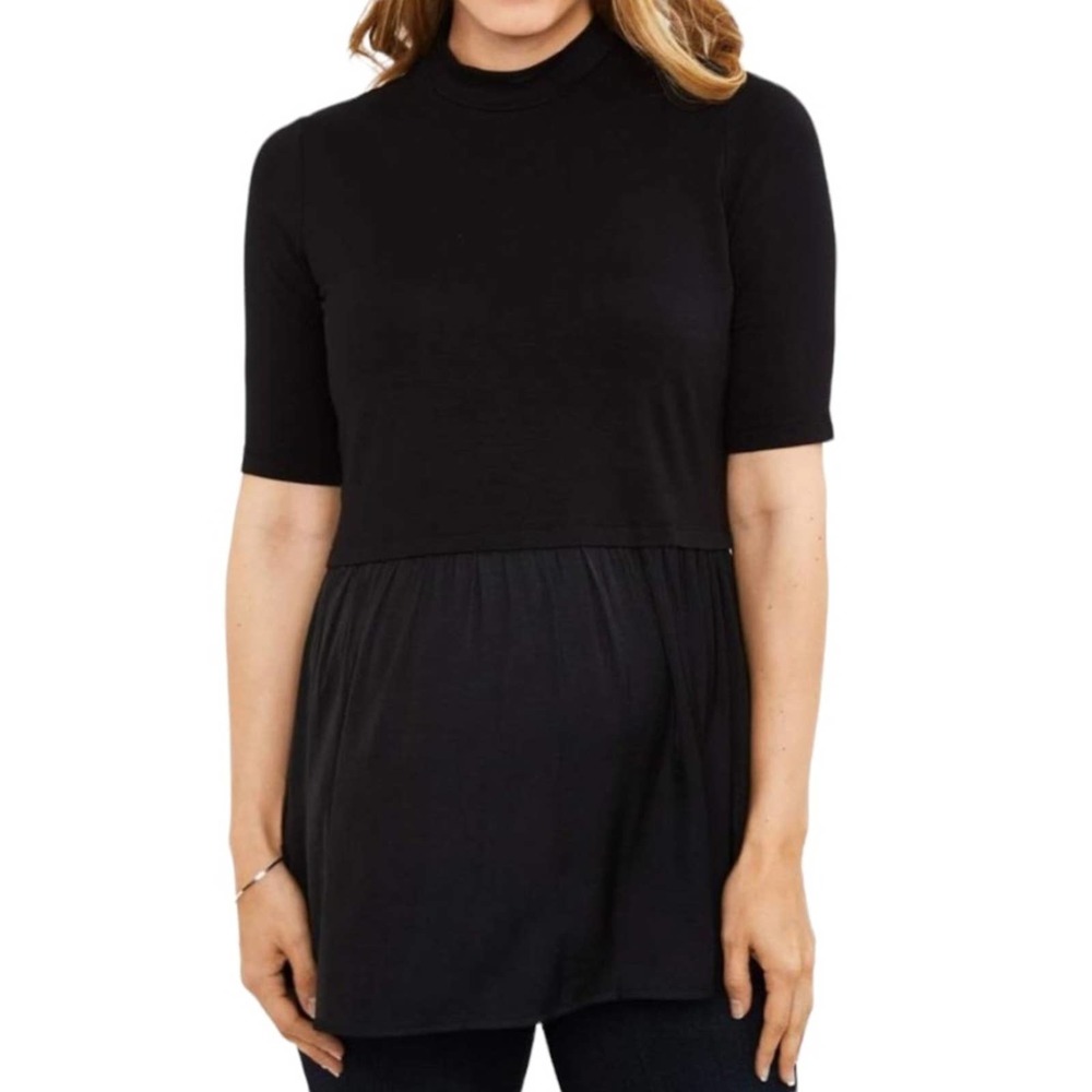 A Pea in The Pod Pleaded Black Peplum Maternity Short Sleeve Crew Neck Smock Top